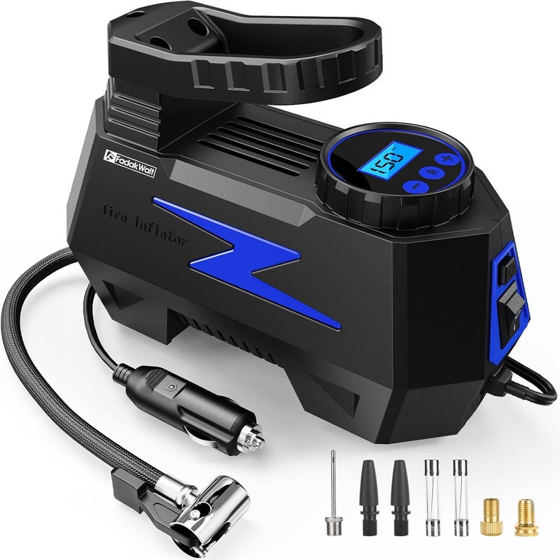FADAKWALT Tire Inflator Portable Air Compressor, DC 12V Tire Air Pump with LED and 150PSI Digital Pressure Gauge, Portable Tire Inflator for Car Tires, Motorcycles, Bike, Ball (Blue) - Image 1